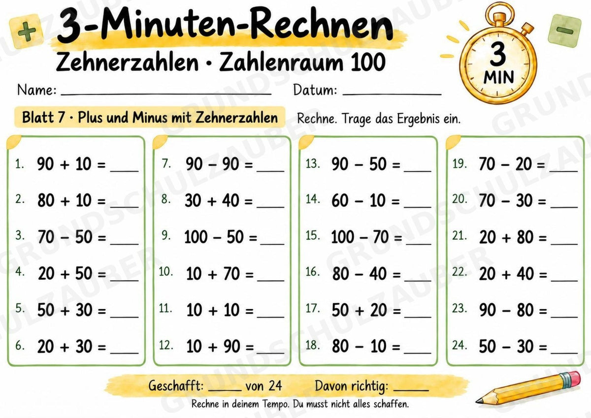 3-Minuten-Rechnen: Zehnerzahlen im Zahlenraum 100 | Addition & Subtraktion, Kopfrechnen – 10 Mathe-Arbeitsblätter, Klasse 2 – Materialseite 8