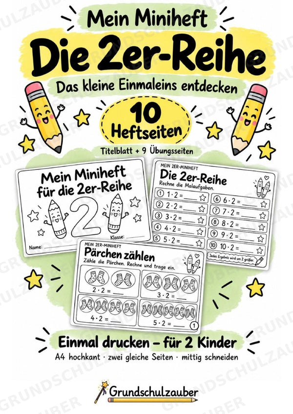 Miniheft 2er-Reihe – Kleines Einmaleins üben | 10 Heftseiten, Klasse 2, Kopiervorlagen für 2 Kinder