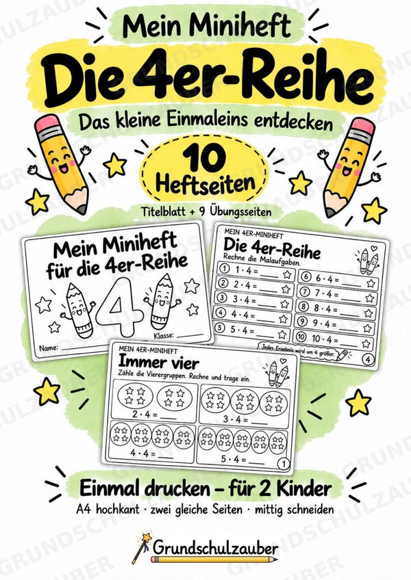 4er-Reihe üben | Einmaleins-Miniheft mit Arbeitsblättern zur Multiplikation | Mathe Klasse 2