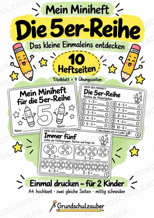 5er-Reihe üben | Einmaleins-Miniheft mit Arbeitsblättern zur Multiplikation | Mathe Klasse 2
