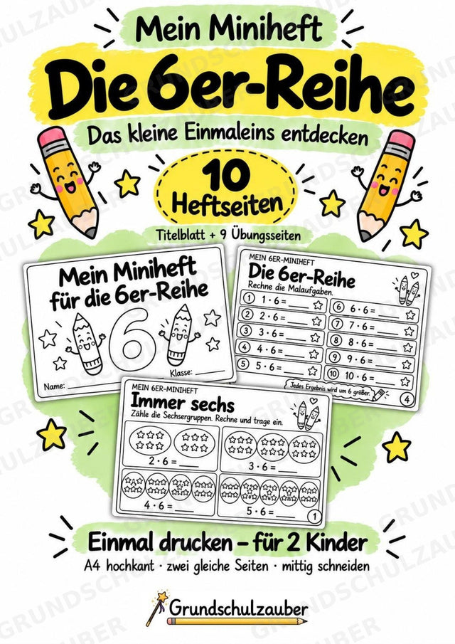 Miniheft 6er-Reihe – Einmaleins üben mit Malaufgaben & Rechengeschichten | Mathe Klasse 2 | 10 Heftseiten – Cover