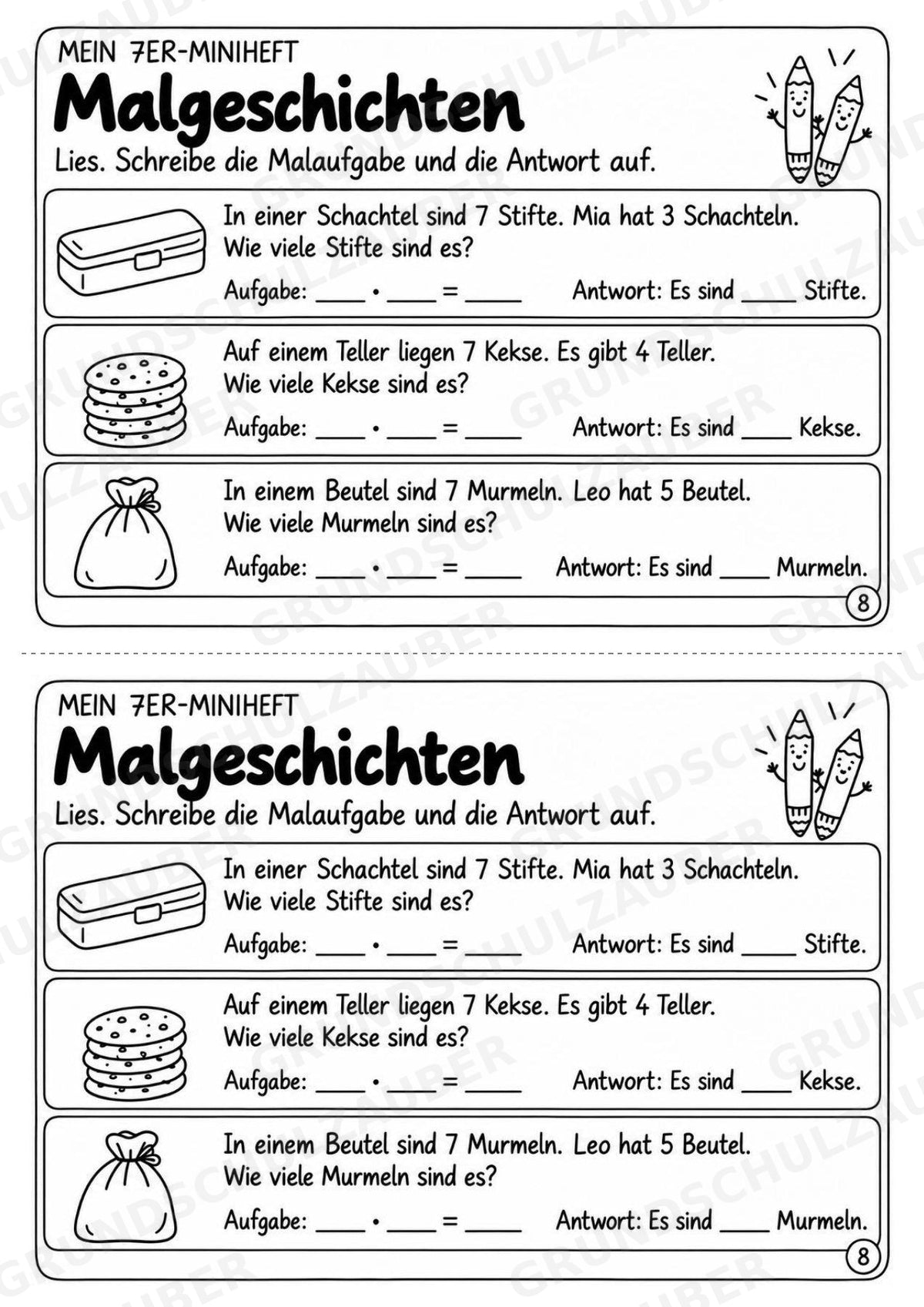 Miniheft 7er-Reihe – Einmaleins üben mit Malaufgaben & Rechengeschichten | Mathe Klasse 2 | 10 Heftseiten – Materialseite 10