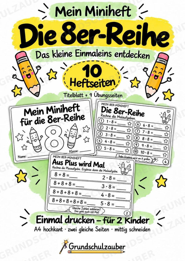 Miniheft 8er-Reihe – Einmaleins üben mit Malaufgaben & Rechengeschichten | Mathe Klasse 2 | 10 Heftseiten