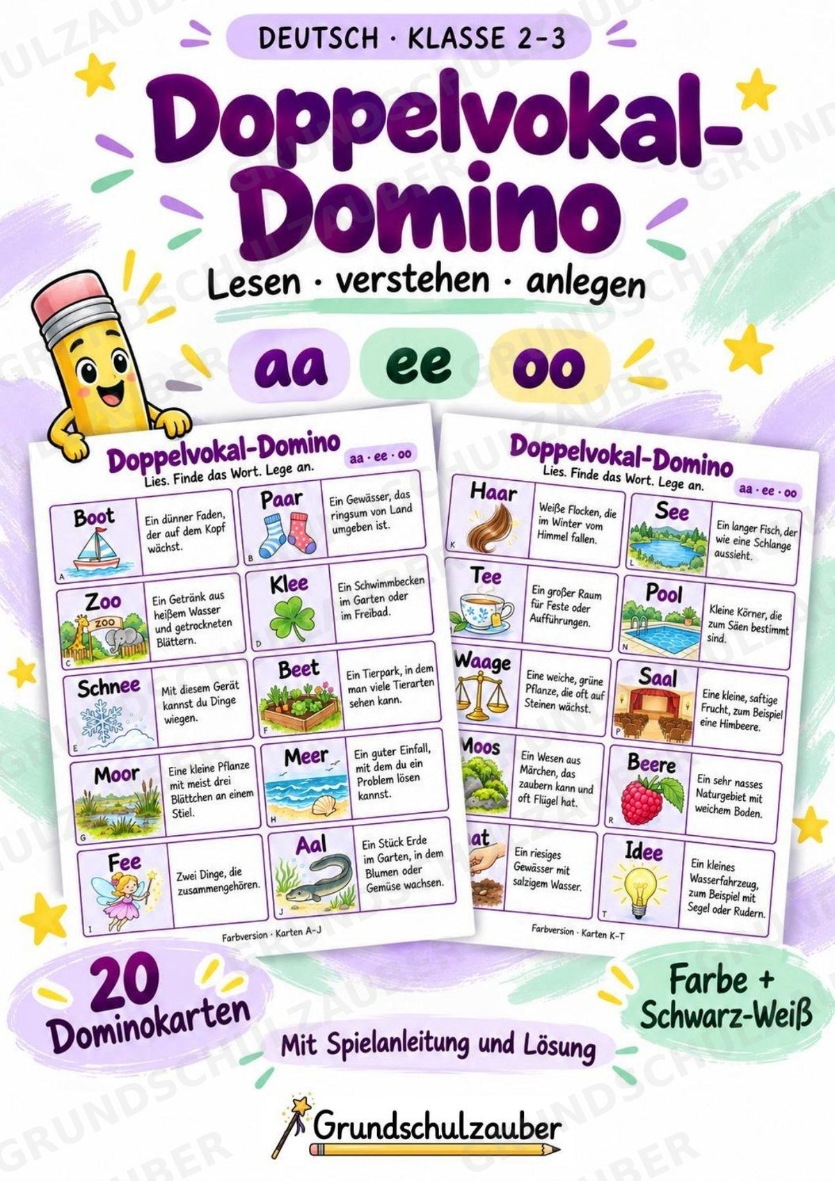 Doppelvokale aa, ee, oo – Domino mit 20 Karten | Lesespiel & Rechtschreibung | Deutsch Klasse 2–3 – Cover