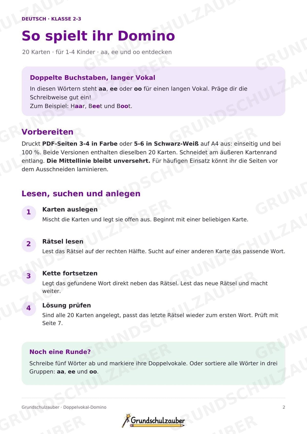 Doppelvokale aa, ee, oo – Domino mit 20 Karten | Lesespiel & Rechtschreibung | Deutsch Klasse 2–3 – Materialseite 2
