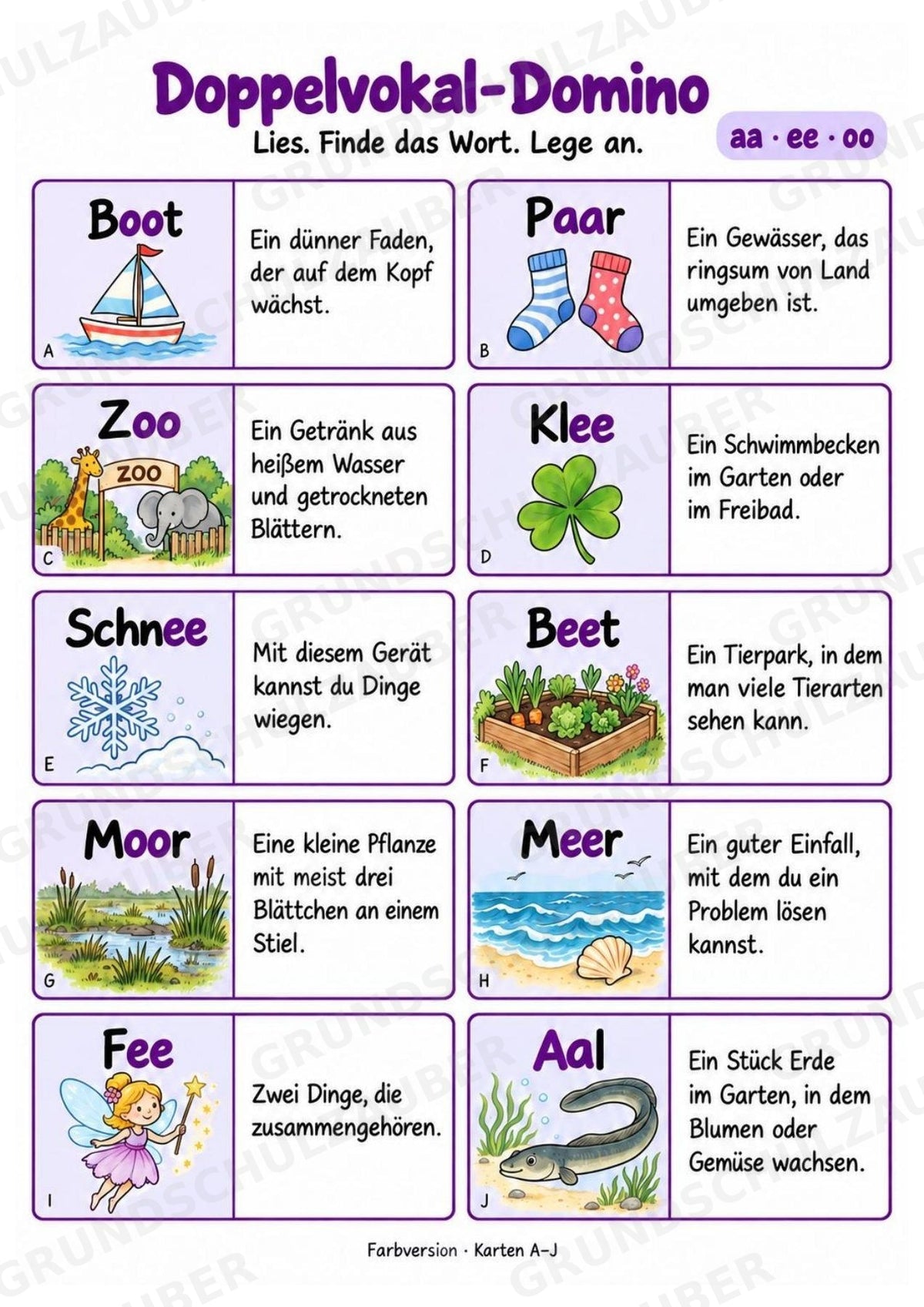 Doppelvokale aa, ee, oo – Domino mit 20 Karten | Lesespiel & Rechtschreibung | Deutsch Klasse 2–3 – Materialseite 3