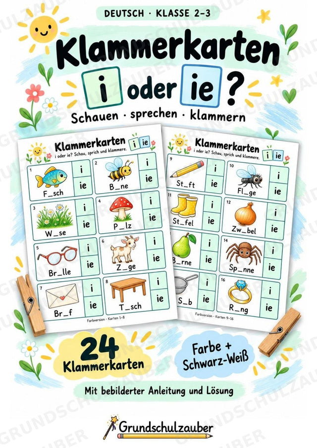 Klammerkarten i oder ie – 24 Bildkarten zur Rechtschreibung | Dehnungs-ie üben | Deutsch Klasse 2–3 – Cover