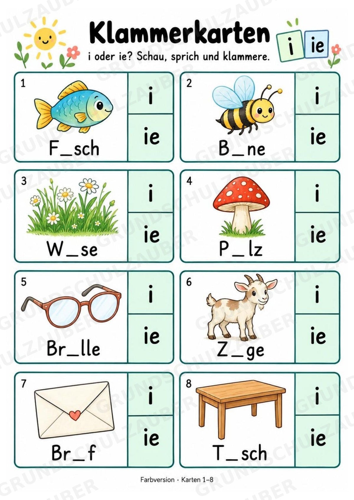 Klammerkarten i oder ie – 24 Bildkarten zur Rechtschreibung | Dehnungs-ie üben | Deutsch Klasse 2–3 – Materialseite 3