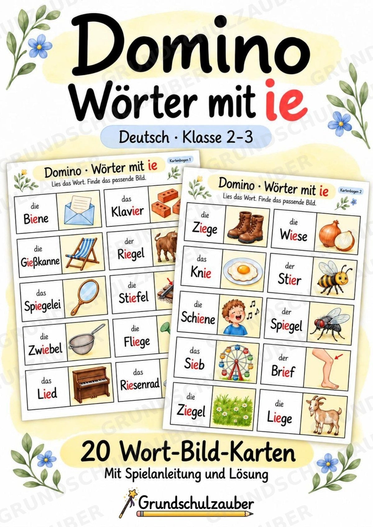 Domino Wörter mit ie – 20 Wort-Bild-Karten | Lesespiel & Rechtschreibung | Deutsch Klasse 2–3 – Cover