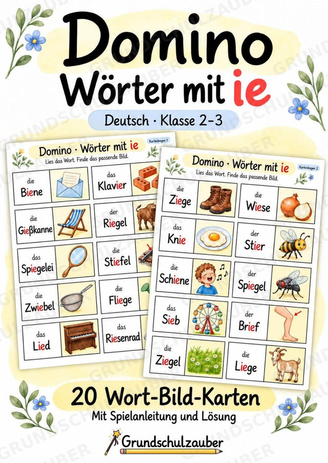 Domino Wörter mit ie – 20 Wort-Bild-Karten | Lesespiel & Rechtschreibung | Deutsch Klasse 2–3 – Cover
