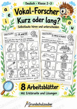 Kurze und lange Vokale – 8 Arbeitsblätter zu Selbstlauten und Umlauten | Deutsch Klasse 2–3 – Cover