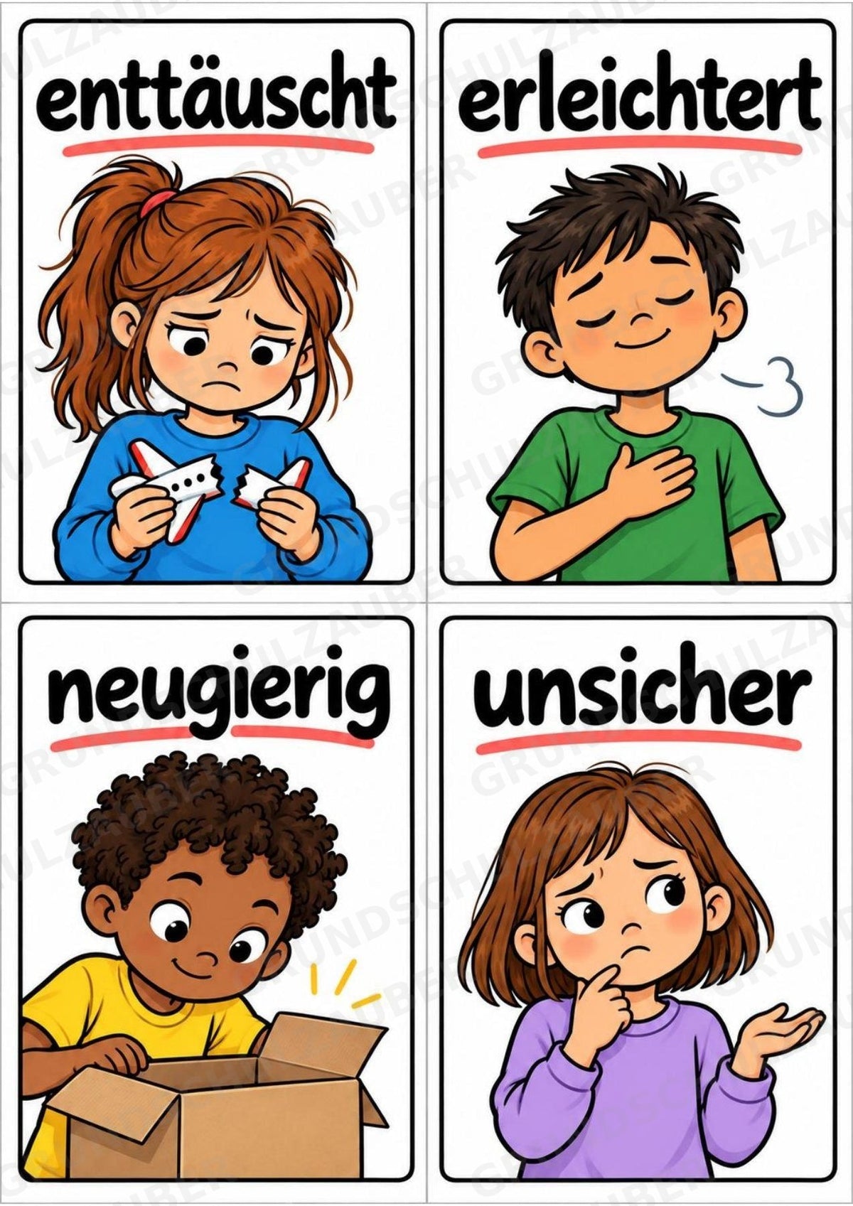 Gefühle & Emotionen – 24 Bildkarten im A6-Format | Grundschule, Vorschule, DaZ, Sprachförderung & Morgenkreis – Materialseite 4