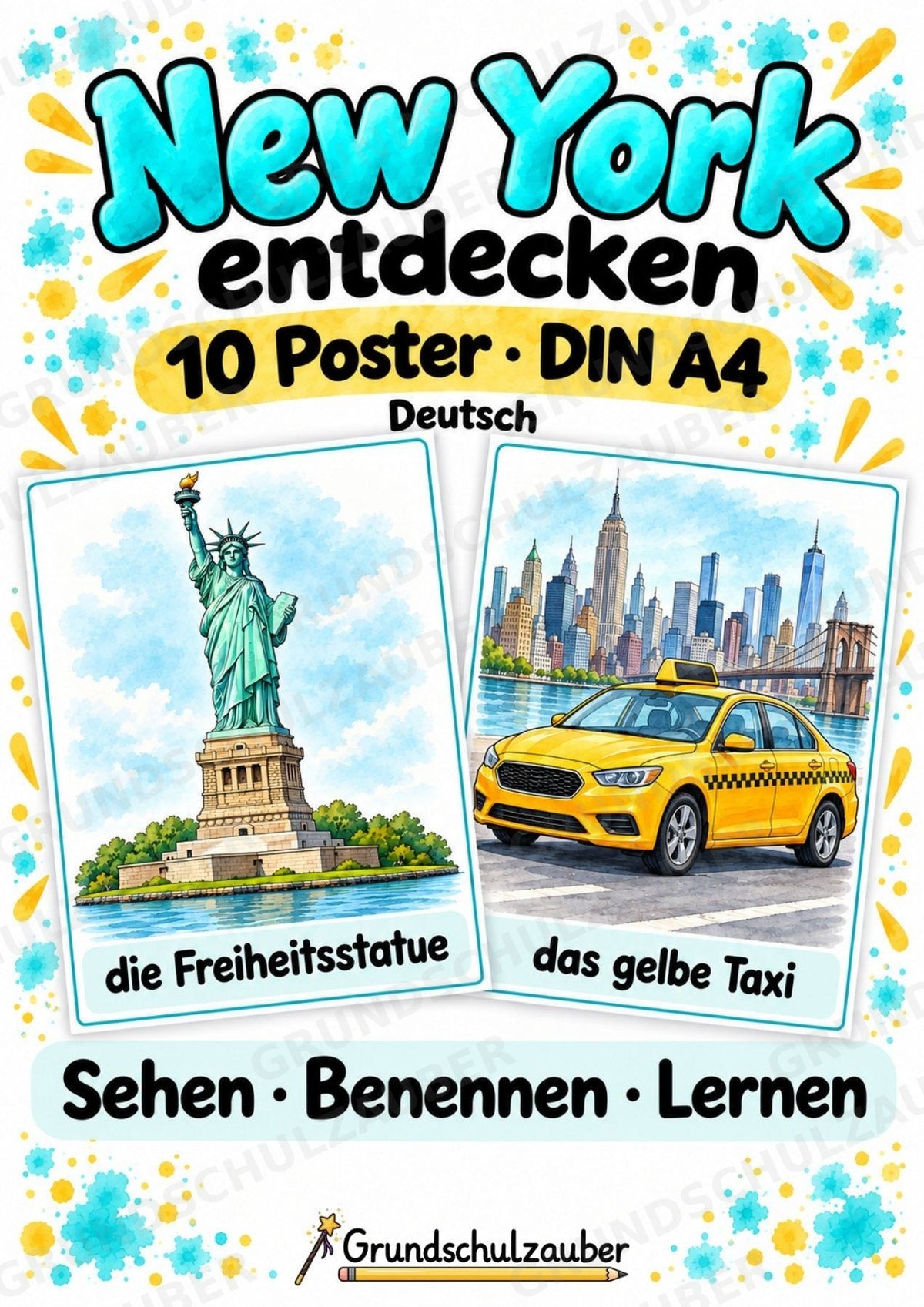 New York Poster auf Deutsch – 10 Lernposter DIN A4 | Grundschule, Sehenswürdigkeiten & Wortschatz – Cover