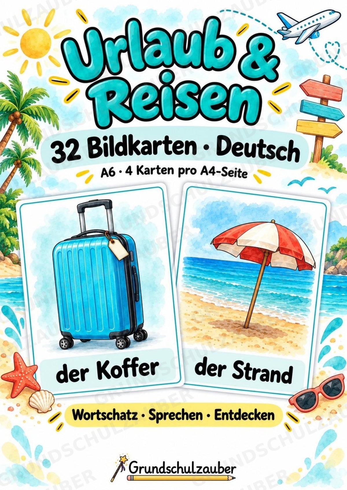Urlaub & Reisen: 32 Bildkarten Deutsch mit Artikeln | Wortschatz, DaZ & Sprachförderung in der Grundschule – Cover