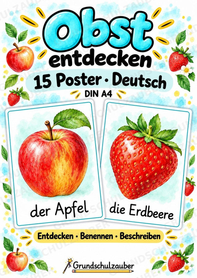 Obst Poster Deutsch: 15 Lernposter DIN A4 in Grundschrift | Wortschatz, DaZ und Sachunterricht Grundschule – Cover