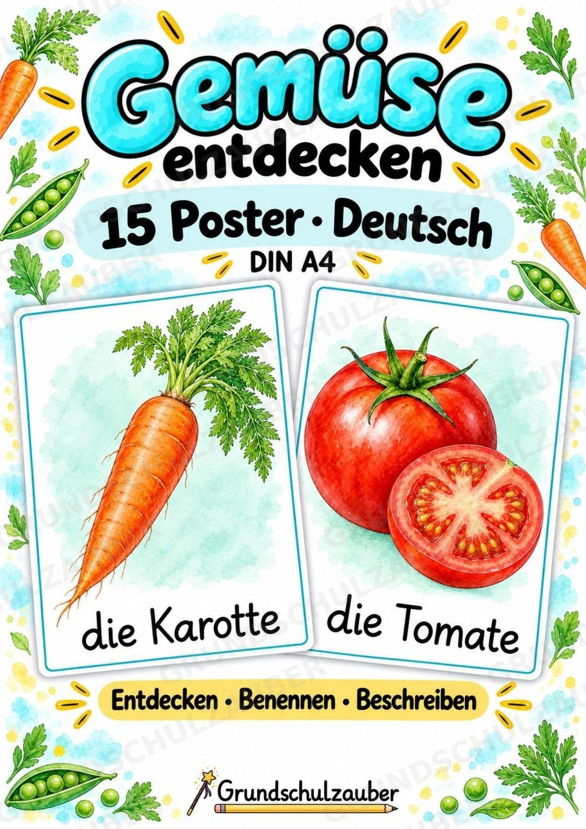 Gemüse Poster Deutsch: 15 Lernposter DIN A4 in Grundschrift | Wortschatz, DaZ und Sachunterricht Grundschule – Cover