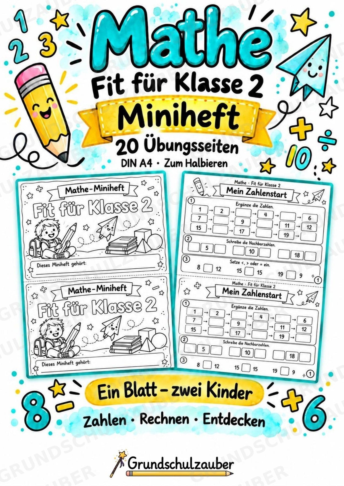 Mathe Miniheft – Fit für Klasse 2 | 20 Arbeitsblätter im Zahlenraum bis 20 – Cover