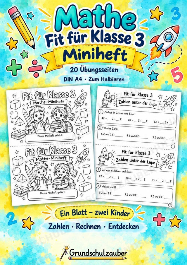 Mathe Miniheft – Fit für Klasse 3 | 20 Arbeitsblätter | Zahlenraum bis 100 | Einmaleins und Division – Cover