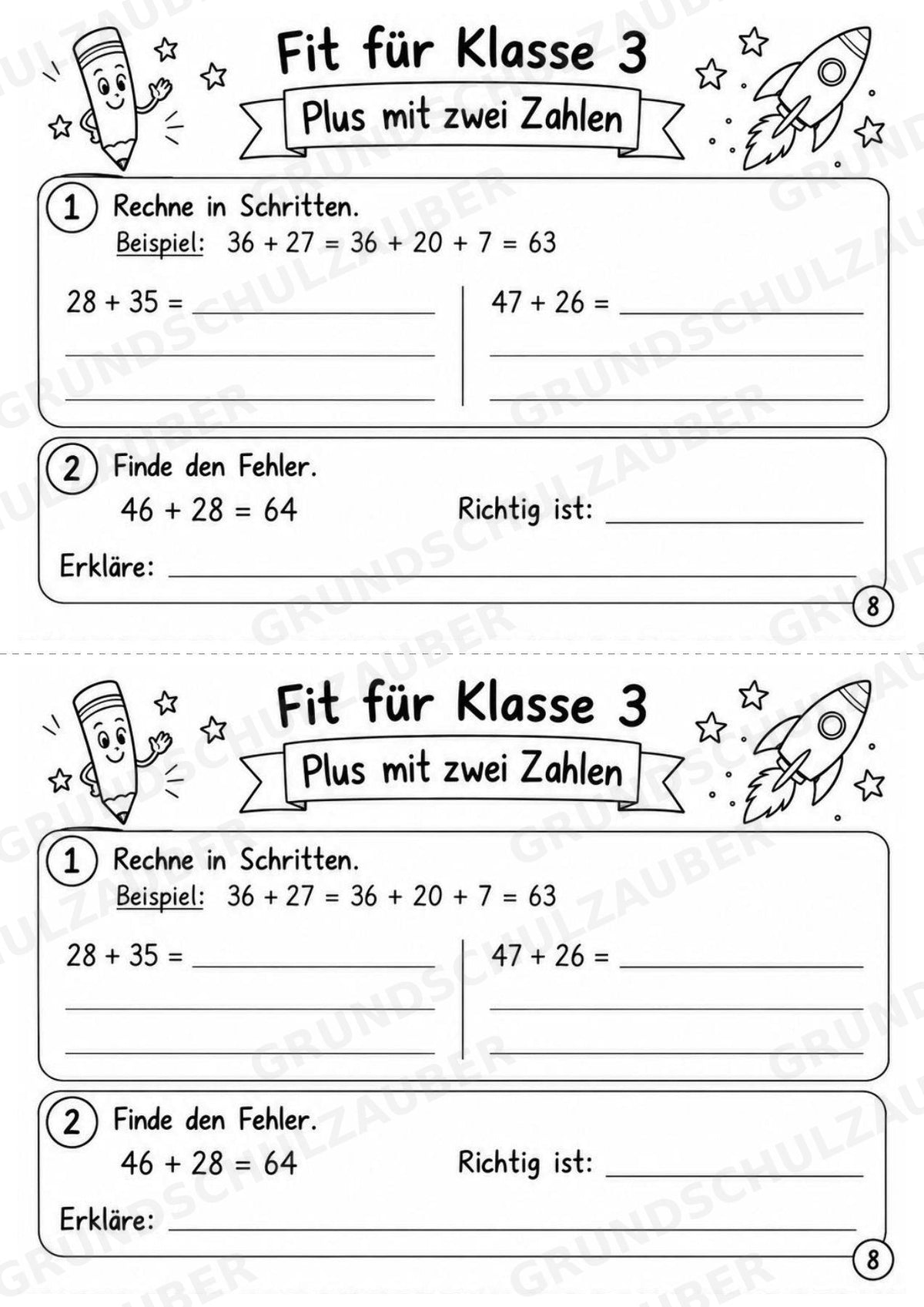 Mathe Miniheft – Fit für Klasse 3 | 20 Arbeitsblätter | Zahlenraum bis 100 | Einmaleins und Division – Materialseite 10