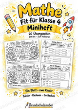 Mathe Miniheft – Fit für Klasse 4 | 20 Arbeitsblätter | Zahlenraum bis 1.000 | Schriftliche Addition und Subtraktion – Cover