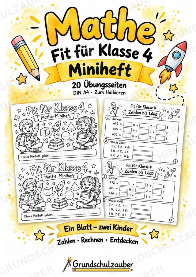 Mathe Miniheft – Fit für Klasse 4 | 20 Arbeitsblätter | Zahlenraum bis 1.000 | Schriftliche Addition und Subtraktion – Cover