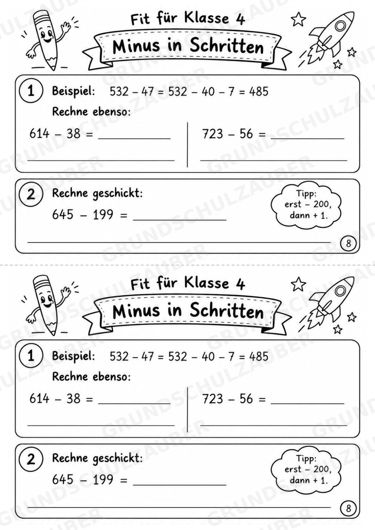 Mathe Miniheft – Fit für Klasse 4 | 20 Arbeitsblätter | Zahlenraum bis 1.000 | Schriftliche Addition und Subtraktion – Materialseite 10