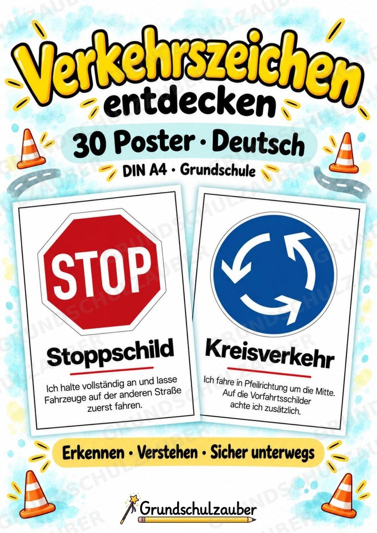 Verkehrszeichen Grundschule: 30 Poster DIN A4 | Verkehrserziehung, Schulweg und Radfahrprüfung – Cover