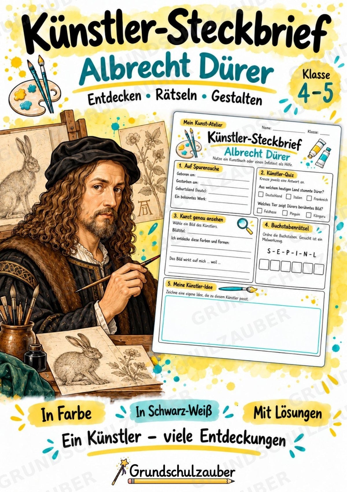 Albrecht Dürer – Künstler-Steckbrief & Infotext | Kunstunterricht Grundschule Klasse 4–5 | Arbeitsblätter mit Lösungen – Cover