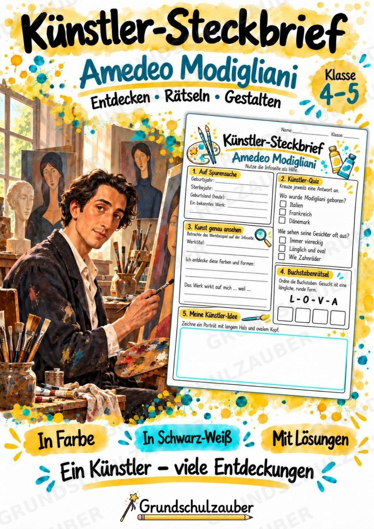 Amedeo Modigliani – Künstler-Steckbrief & Infotext | Kunstunterricht Grundschule Klasse 4–5 | Arbeitsblätter mit Lösungen – Cover
