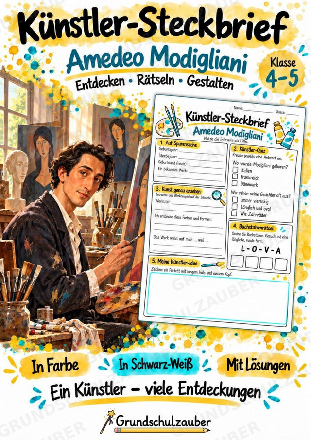 Amedeo Modigliani – Künstler-Steckbrief & Infotext | Kunstunterricht Grundschule Klasse 4–5 | Arbeitsblätter mit Lösungen – Cover