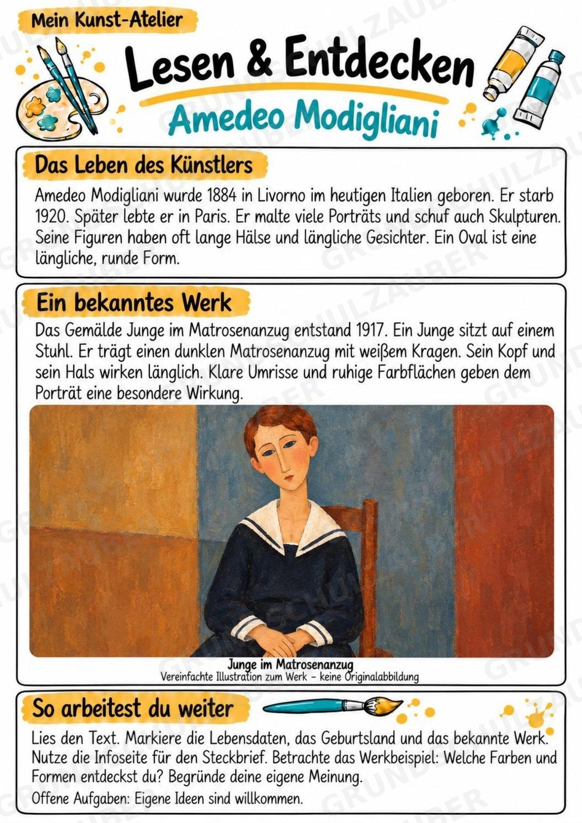 Amedeo Modigliani – Künstler-Steckbrief & Infotext | Kunstunterricht Grundschule Klasse 4–5 | Arbeitsblätter mit Lösungen – Materialseite 2