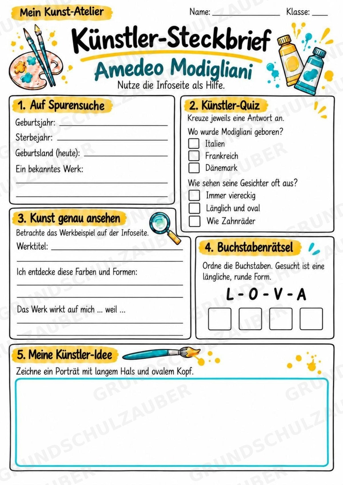 Amedeo Modigliani – Künstler-Steckbrief & Infotext | Kunstunterricht Grundschule Klasse 4–5 | Arbeitsblätter mit Lösungen – Materialseite 3