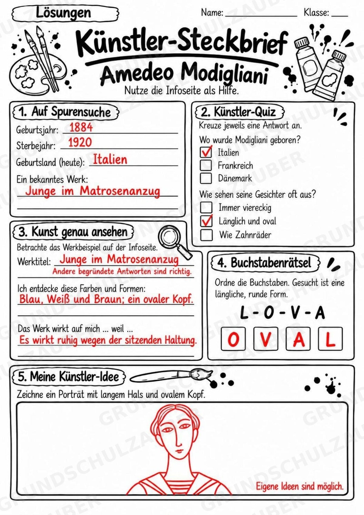 Amedeo Modigliani – Künstler-Steckbrief & Infotext | Kunstunterricht Grundschule Klasse 4–5 | Arbeitsblätter mit Lösungen – Materialseite 5
