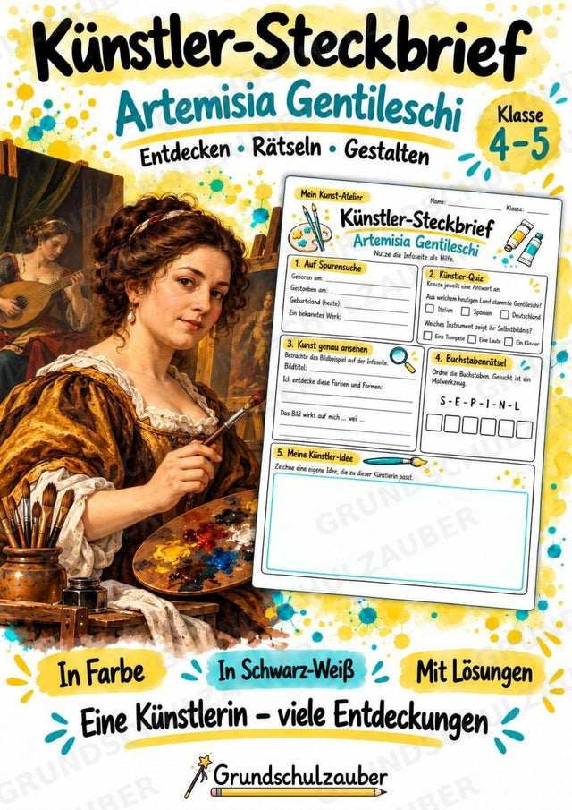 Artemisia Gentileschi – Künstler-Steckbrief & Infotext | Kunstunterricht Grundschule Klasse 4–5 | Arbeitsblätter mit Lösungen – Cover