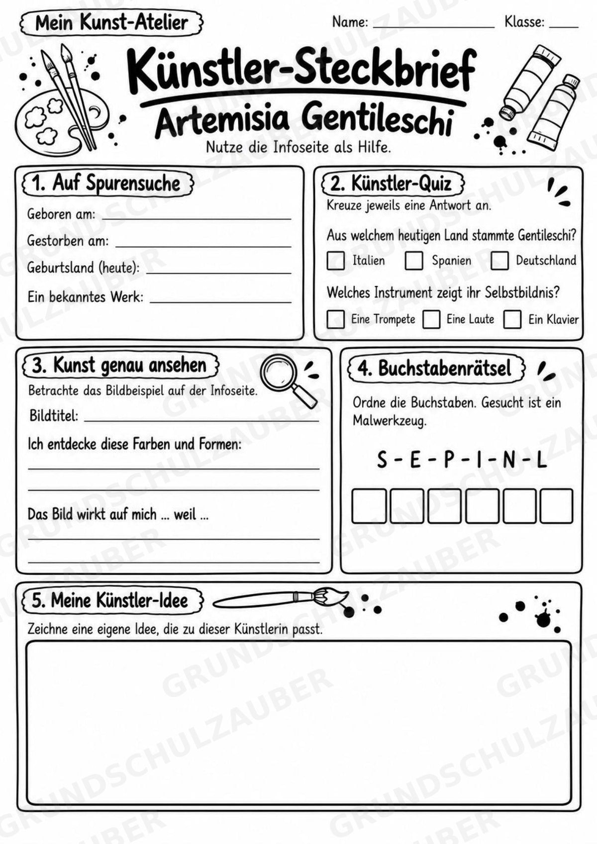 Artemisia Gentileschi – Künstler-Steckbrief & Infotext | Kunstunterricht Grundschule Klasse 4–5 | Arbeitsblätter mit Lösungen – Materialseite 4