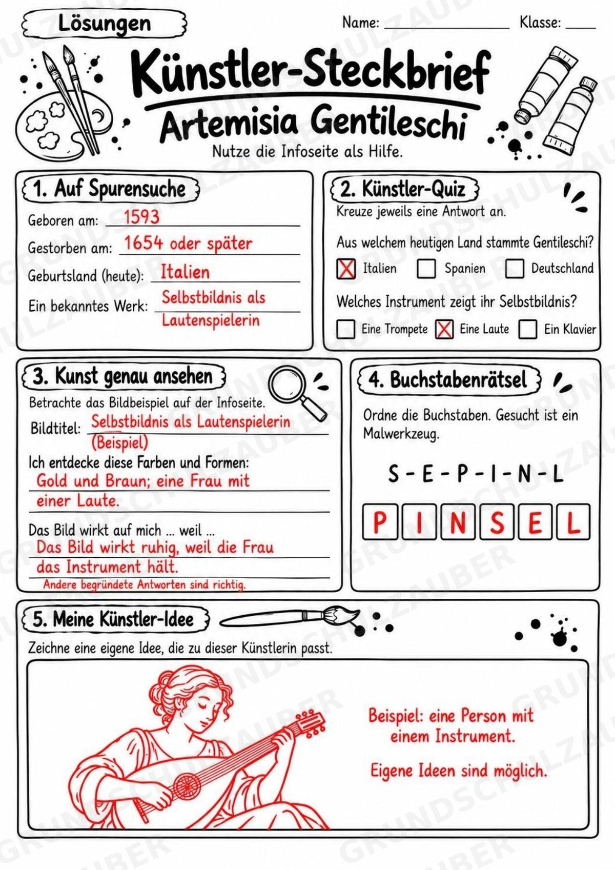 Artemisia Gentileschi – Künstler-Steckbrief & Infotext | Kunstunterricht Grundschule Klasse 4–5 | Arbeitsblätter mit Lösungen – Materialseite 5