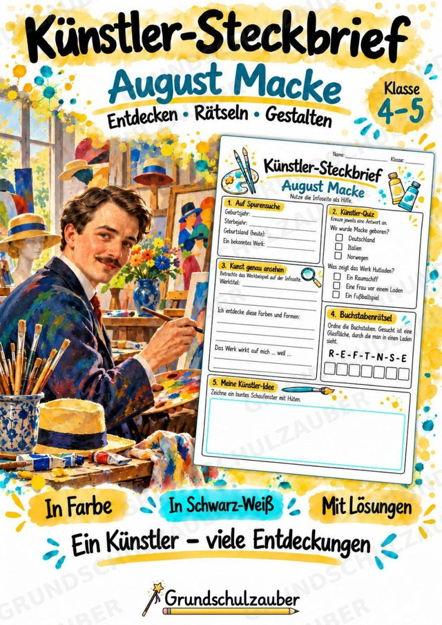 August Macke – Künstler-Steckbrief & Infotext | Kunstunterricht Grundschule Klasse 4–5 | Arbeitsblätter mit Lösungen – Cover