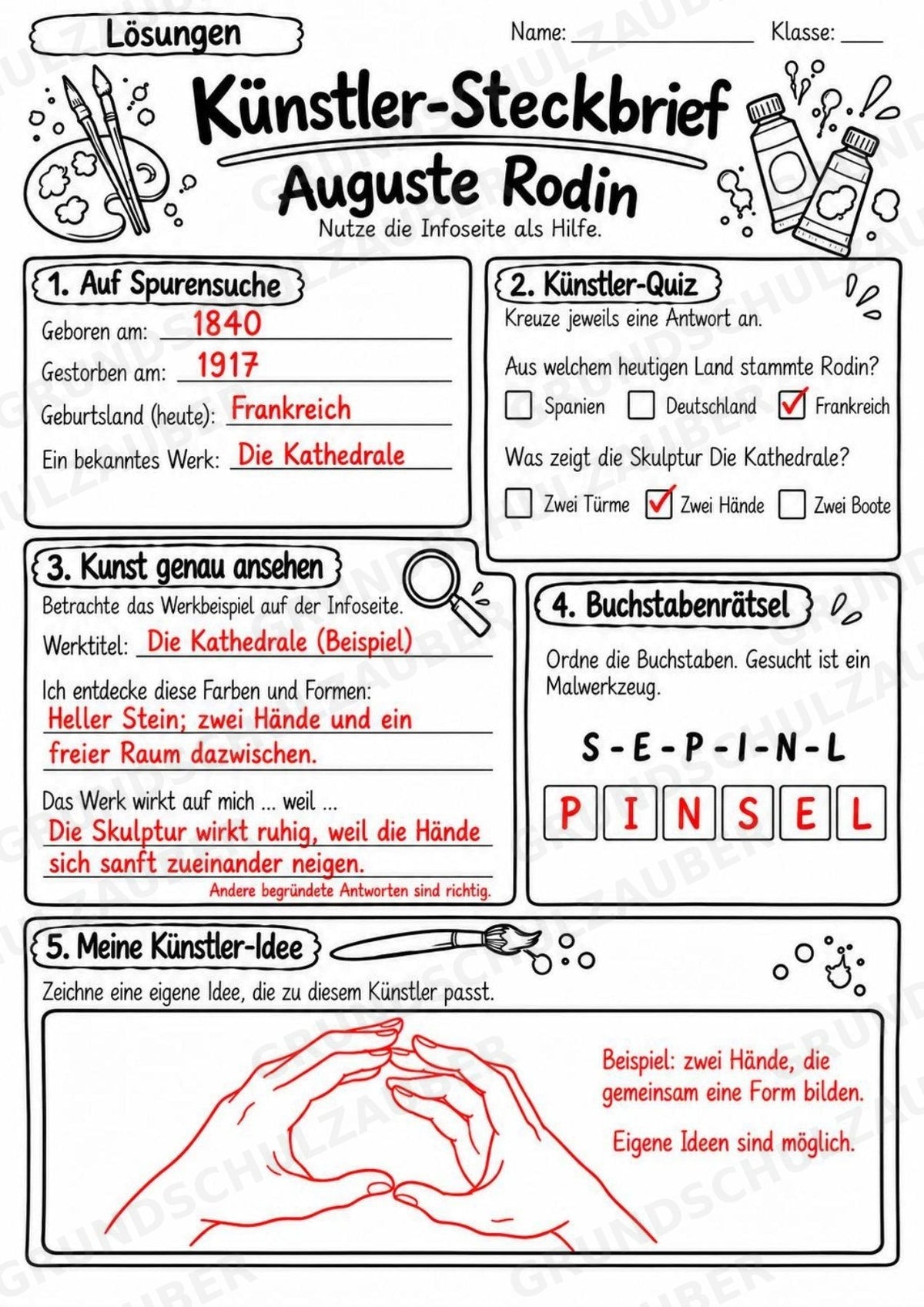 Auguste Rodin – Künstler-Steckbrief & Infotext | Kunstunterricht Grundschule Klasse 4–5 | Arbeitsblätter mit Lösungen – Materialseite 5