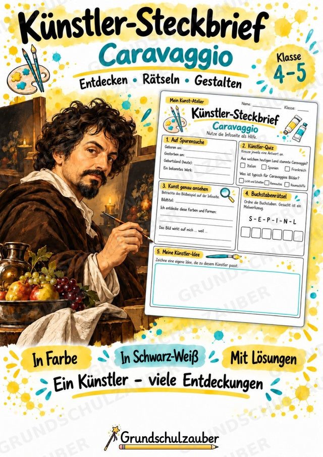 Caravaggio – Künstler-Steckbrief & Infotext | Kunstunterricht Grundschule Klasse 4–5 | Arbeitsblätter mit Lösungen – Cover