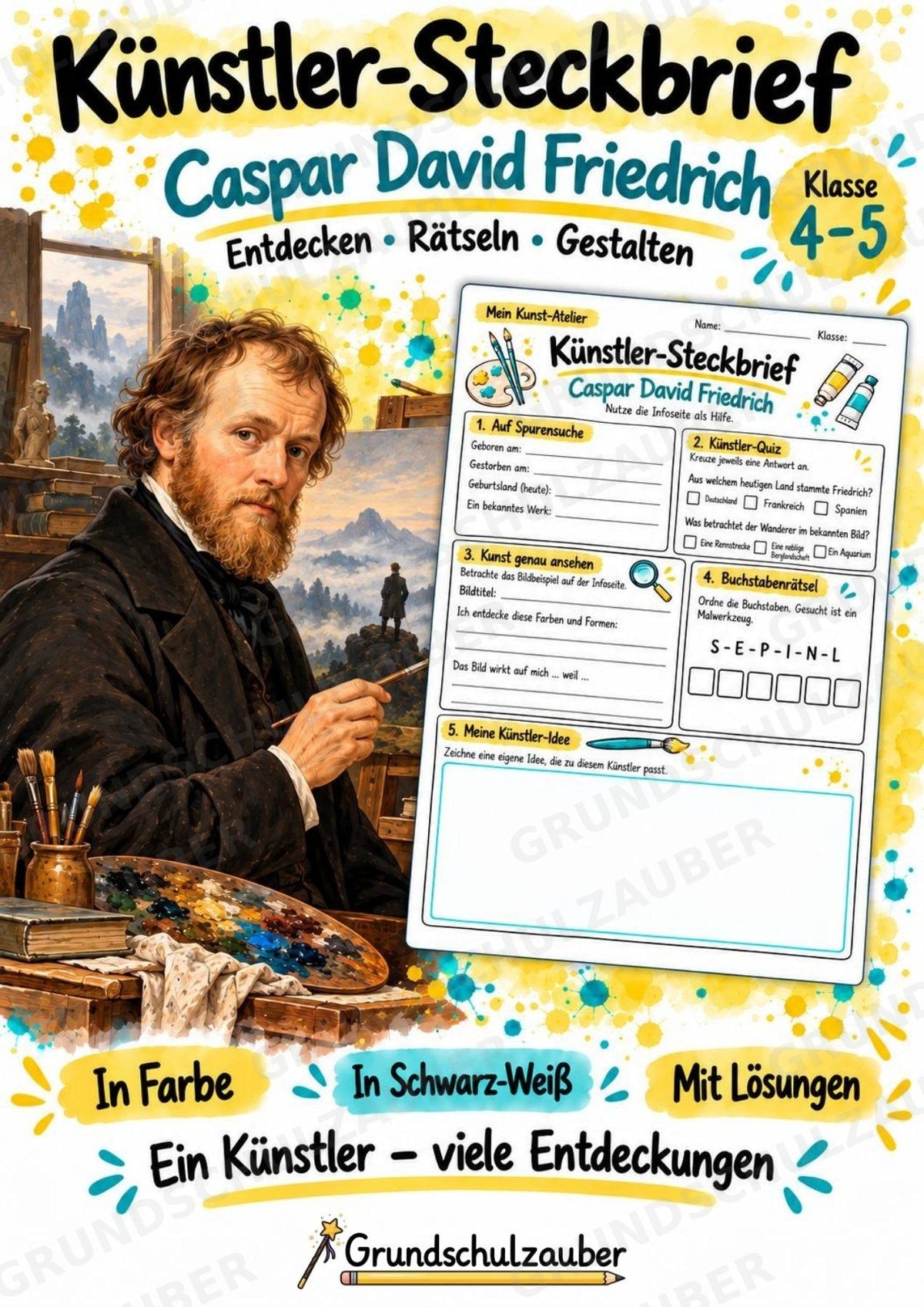 Caspar David Friedrich – Künstler-Steckbrief & Infotext | Kunstunterricht Grundschule Klasse 4–5 | Arbeitsblätter mit Lösungen – Cover