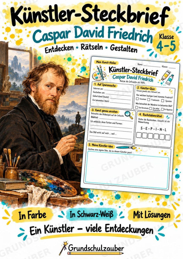 Caspar David Friedrich – Künstler-Steckbrief & Infotext | Kunstunterricht Grundschule Klasse 4–5 | Arbeitsblätter mit Lösungen – Cover