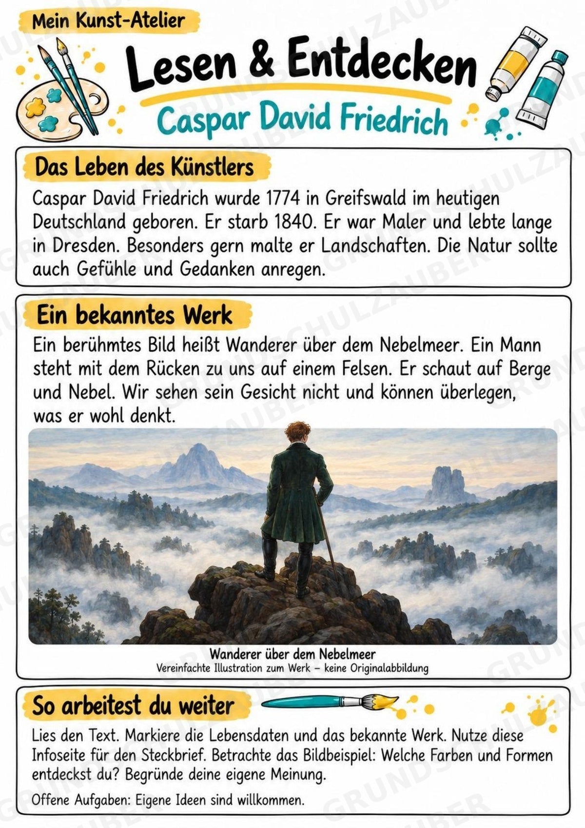 Caspar David Friedrich – Künstler-Steckbrief & Infotext | Kunstunterricht Grundschule Klasse 4–5 | Arbeitsblätter mit Lösungen – Materialseite 2