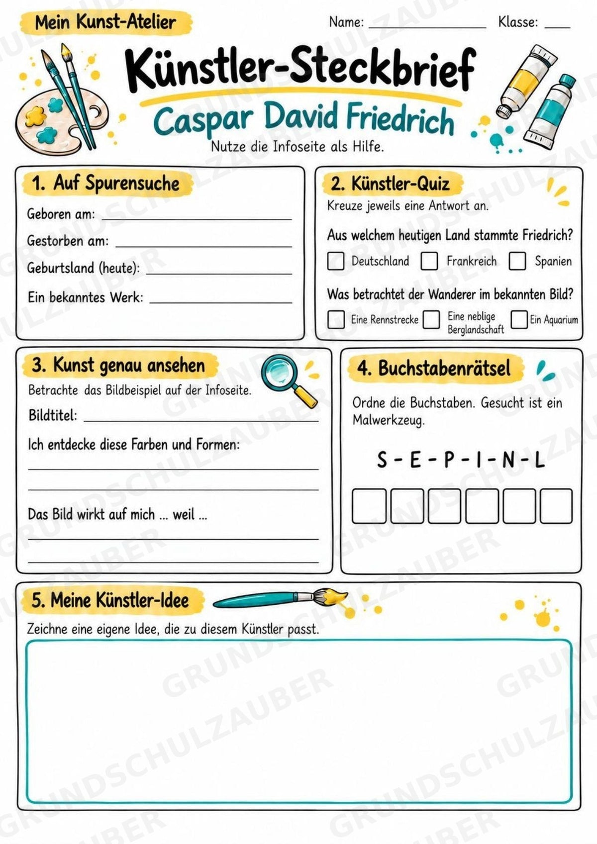 Caspar David Friedrich – Künstler-Steckbrief & Infotext | Kunstunterricht Grundschule Klasse 4–5 | Arbeitsblätter mit Lösungen – Materialseite 3