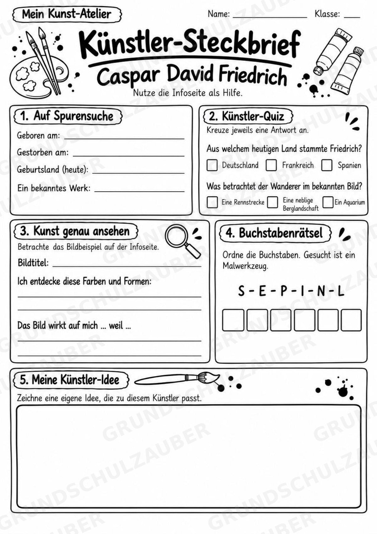 Caspar David Friedrich – Künstler-Steckbrief & Infotext | Kunstunterricht Grundschule Klasse 4–5 | Arbeitsblätter mit Lösungen – Materialseite 4