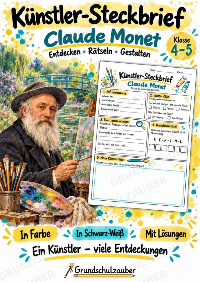 Claude Monet – Künstler-Steckbrief & Infotext | Kunstunterricht Grundschule Klasse 4–5 | Arbeitsblätter mit Lösungen – Cover