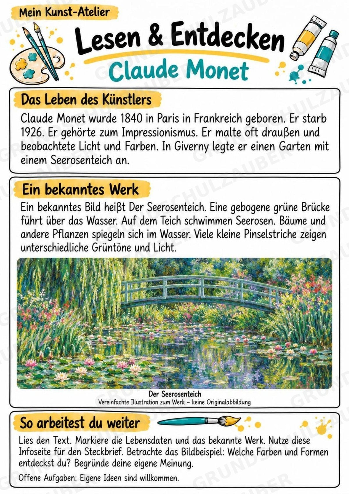 Claude Monet – Künstler-Steckbrief & Infotext | Kunstunterricht Grundschule Klasse 4–5 | Arbeitsblätter mit Lösungen – Materialseite 2