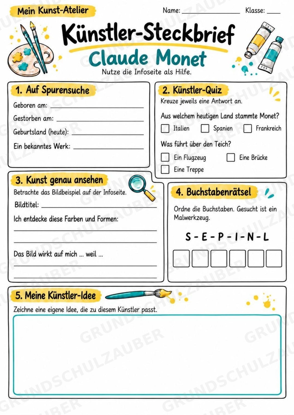 Claude Monet – Künstler-Steckbrief & Infotext | Kunstunterricht Grundschule Klasse 4–5 | Arbeitsblätter mit Lösungen – Materialseite 3