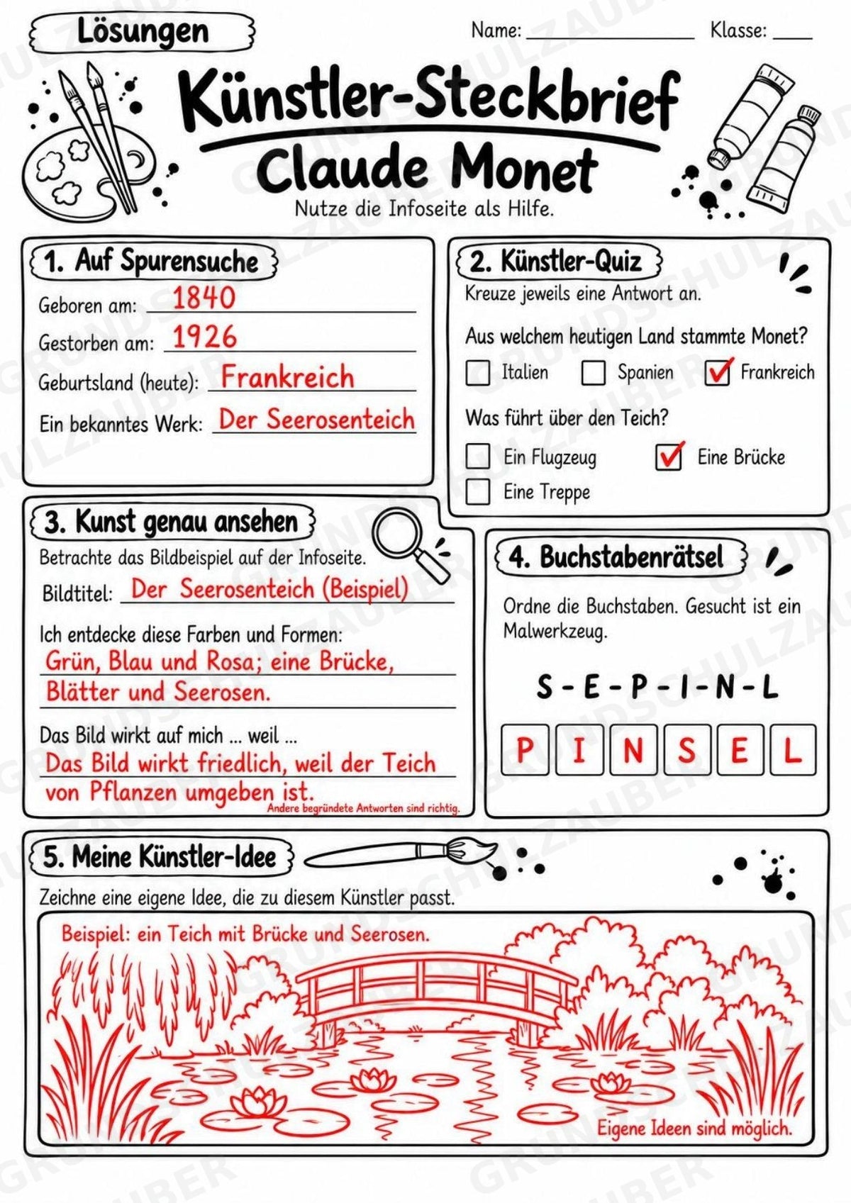 Claude Monet – Künstler-Steckbrief & Infotext | Kunstunterricht Grundschule Klasse 4–5 | Arbeitsblätter mit Lösungen – Materialseite 5