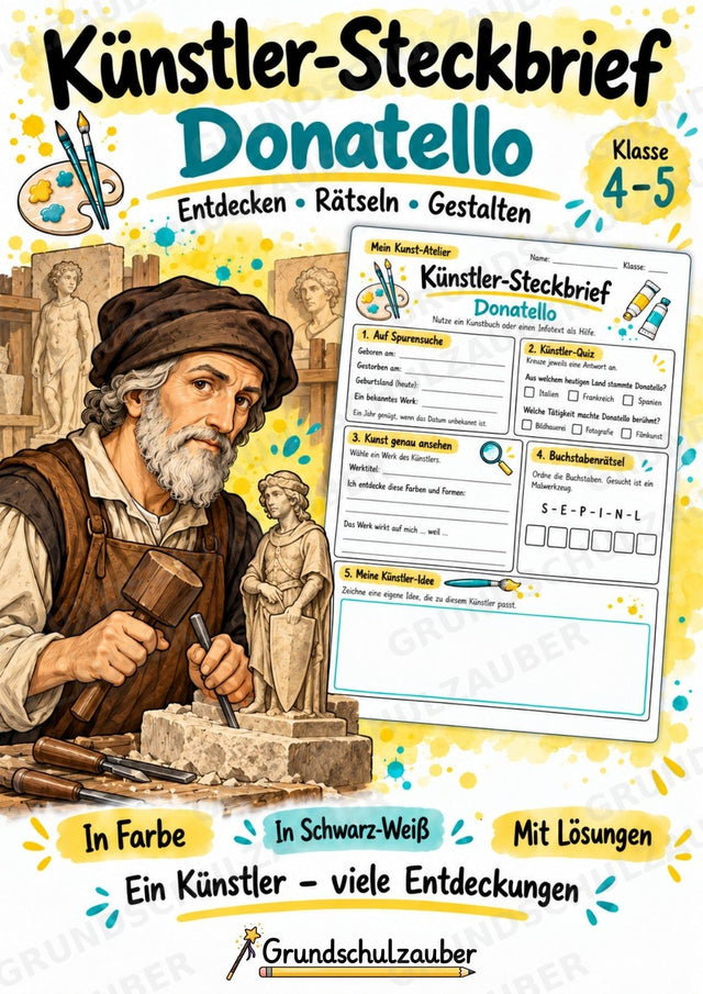 Donatello – Künstler-Steckbrief & Infotext | Kunstunterricht Grundschule Klasse 4–5 | Arbeitsblätter mit Lösungen – Cover