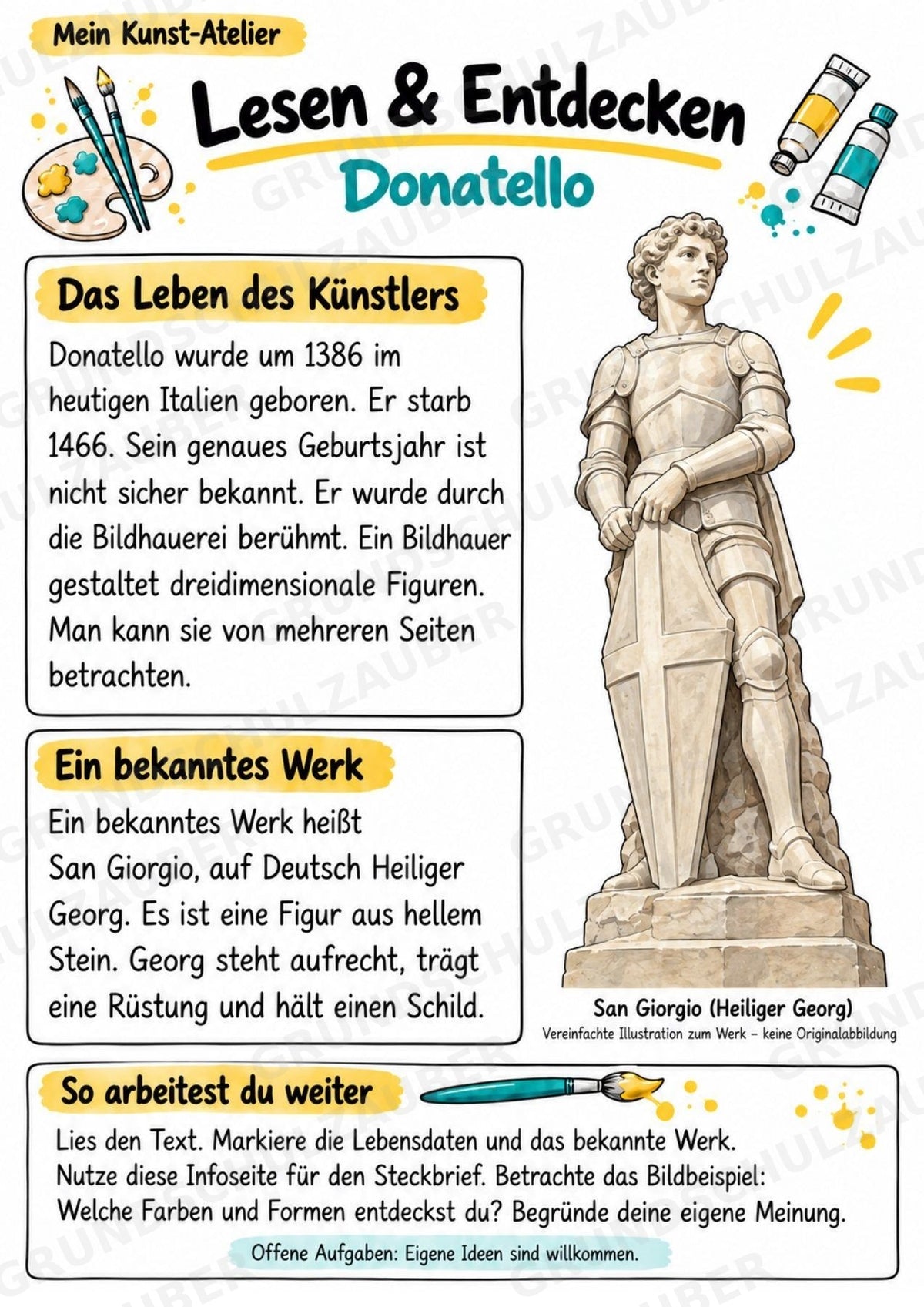 Donatello – Künstler-Steckbrief & Infotext | Kunstunterricht Grundschule Klasse 4–5 | Arbeitsblätter mit Lösungen – Materialseite 2
